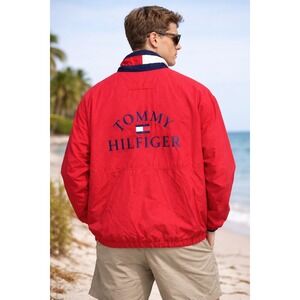 Vintage Tommy Hilfiger Spell Out Red Logo Jacket Mens Size XL 90s